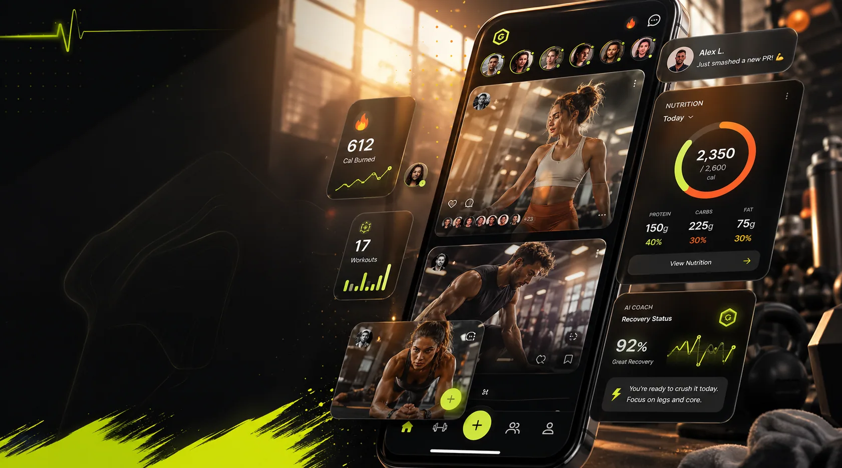 GemFit mobile app showing workout posts, an AI coach card, and a nutrition ring.